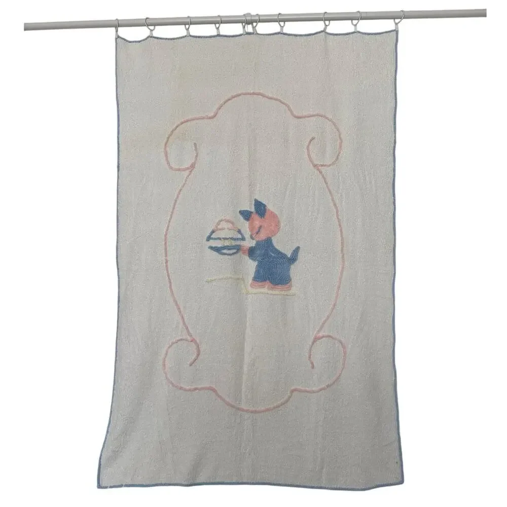 Vintage 1940s–1950s Baby Chenille Crib Blanket 40x61 Blue Pink Kitten Nursery